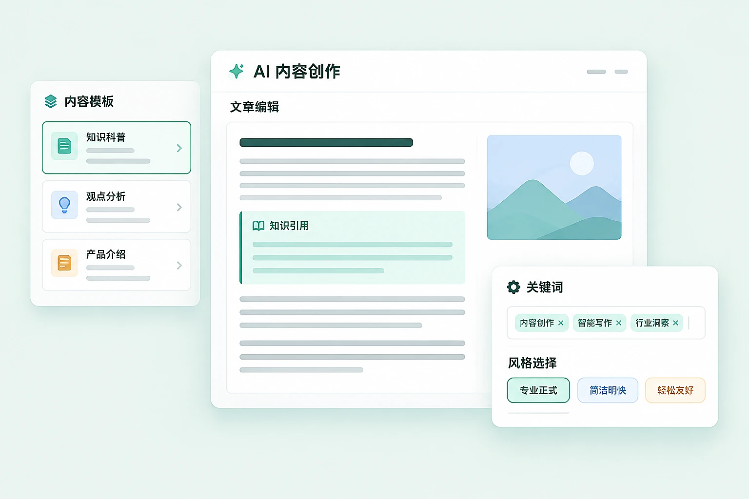 内容模板、知识引用、关键词配置与文章编辑的 AI 内容创作功能示意
